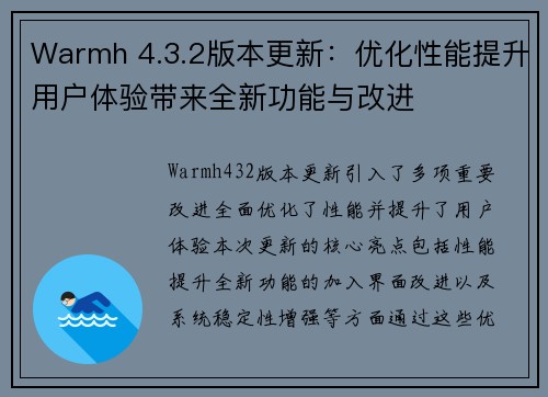 Warmh 4.3.2版本更新:优化性能提升用户体验带来全新功能与改进 Warmh 4.3.2版本更新:优化性能提升用户体验带来全新功能与改进