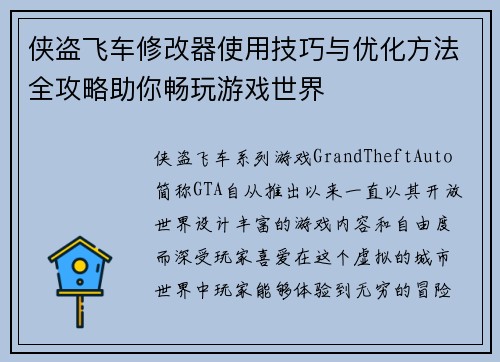 侠盗飞车修改器使用技巧与优化方法全攻略助你畅玩游戏世界